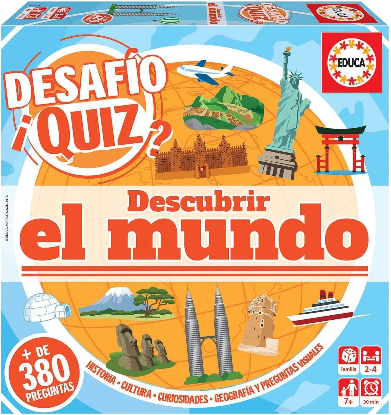 Educa - Juego de Mesa para 2 a 4 Jugadores Donde descubrirán el Mundo. Más de 380 Preguntas y 4 categorías Distintas | Desafío Quiz. Recomendado a Partir de 7 años (18218)