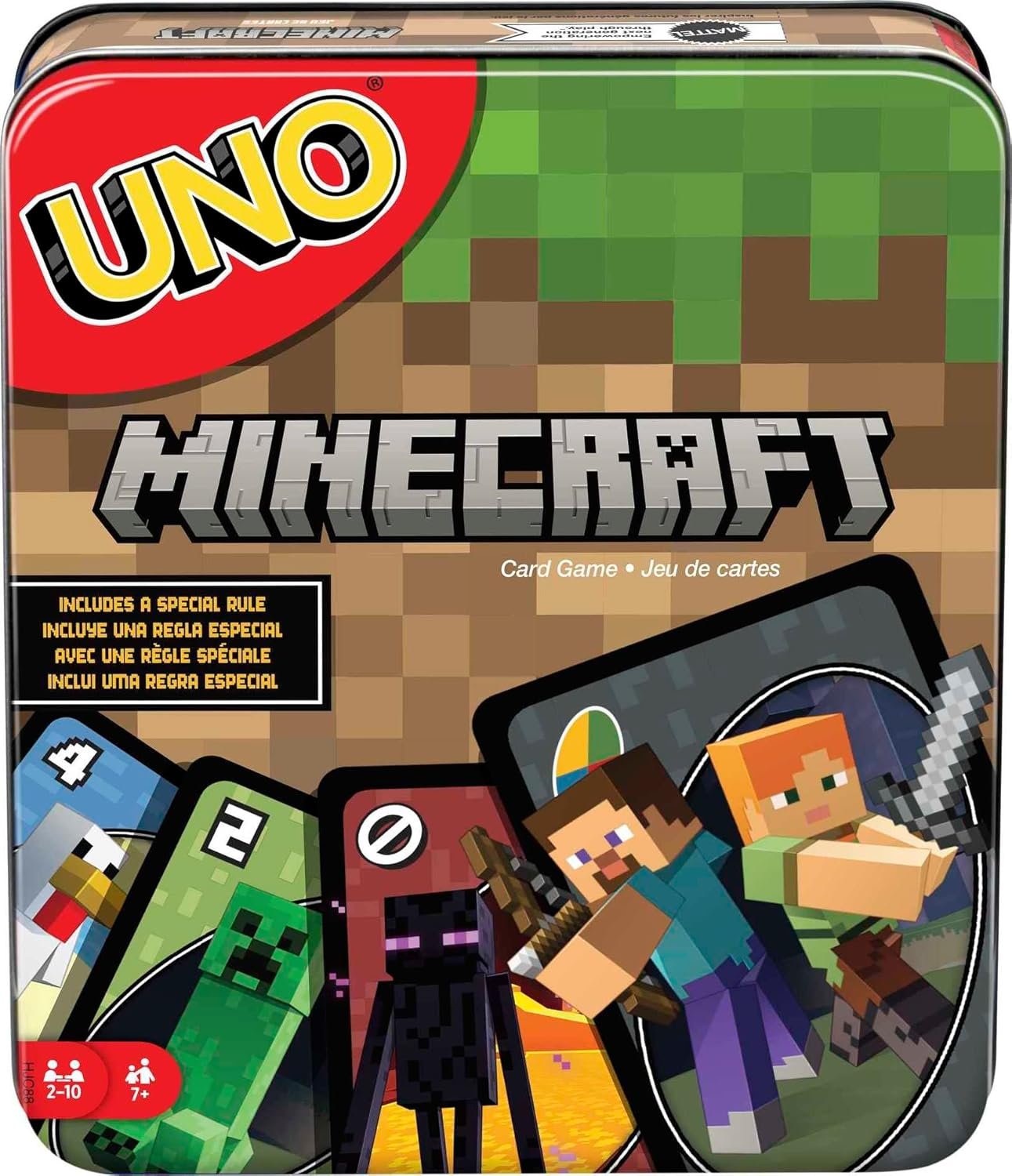 Mattel Games UNO Juego de Cartas, Regalos para niños, niñas y Noches de Juegos en Familia, temática del Videojuego Minecraft, Juegos para Viajar, Lata de Almacenamiento, HJC88