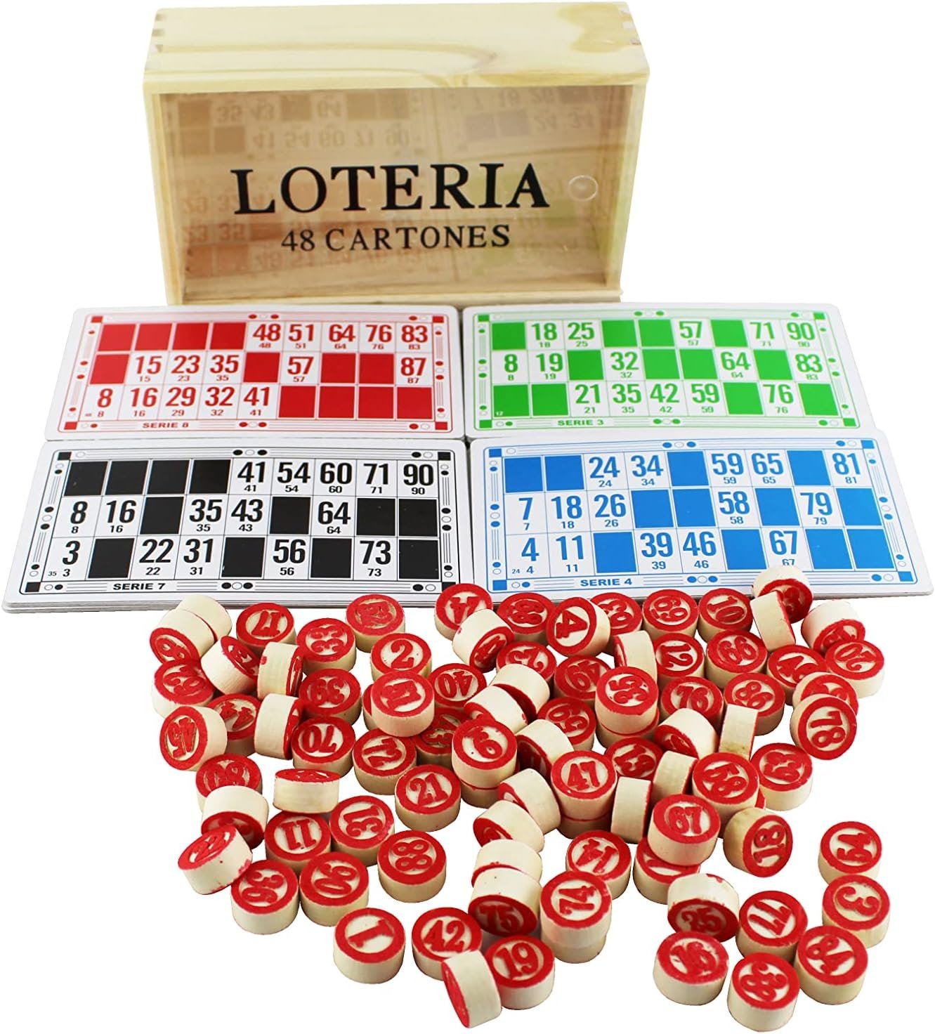 ISDI Juegos de Bingo Lotería 48 Cartones y 90 fichas de 2 Caras y Caja Almacenamiento de Madera