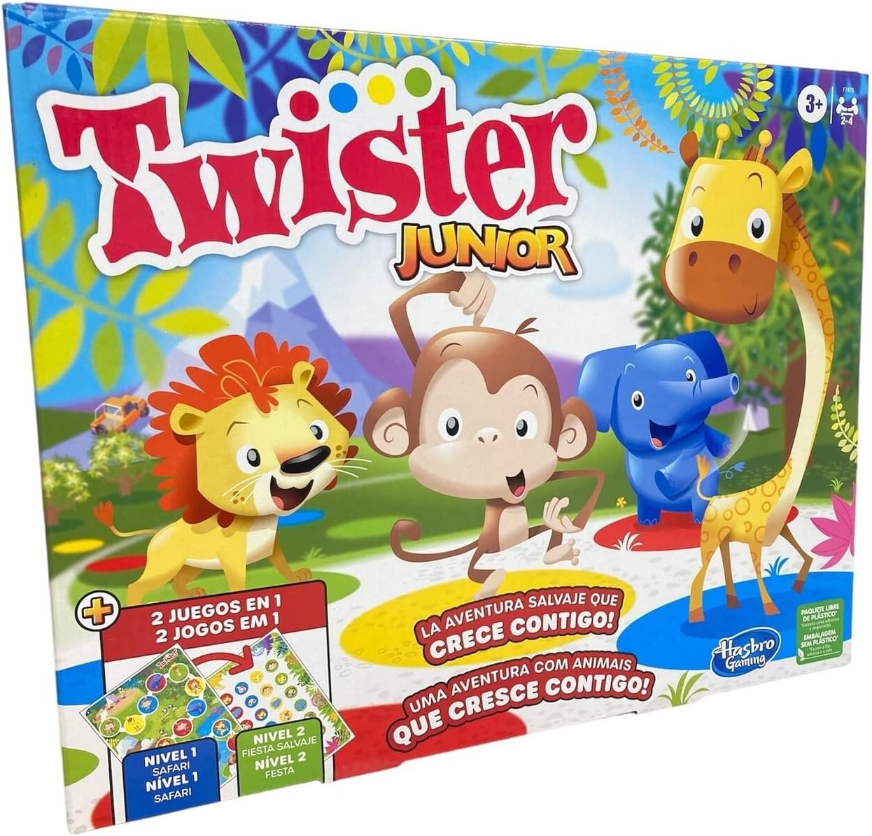 Hasbro Gaming Juego Twister Junior - Aventura con Animales - Tapete de 2 Lados 2 Juegos en 1 - Juego de Fiestas Interiores de 2 a 4 Jugadores - Juguete Infantil