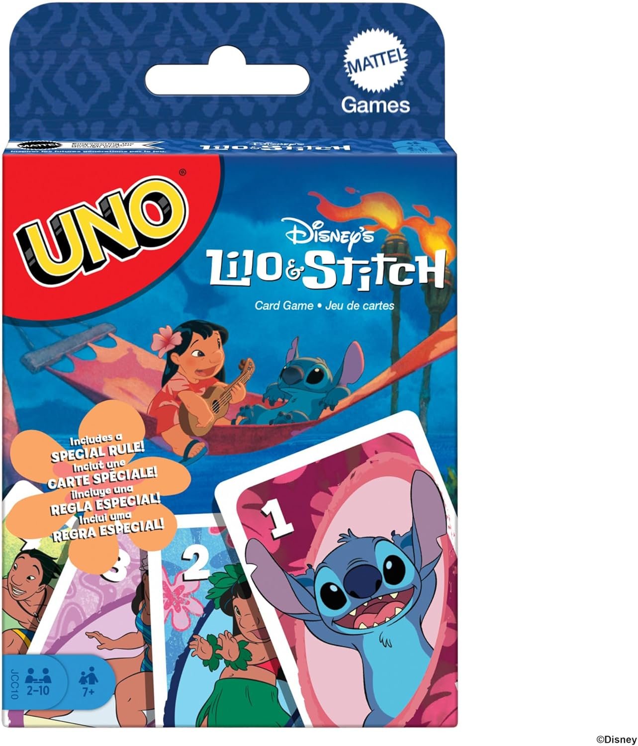 Mattel Games UNO Disney Lilo & Stitch, Juego de cartas con regla especial Ohana, inspirado en los personajes de la película, Juego de mesa familiar, juguete regalo para niños y niñas +7 años, JCC10