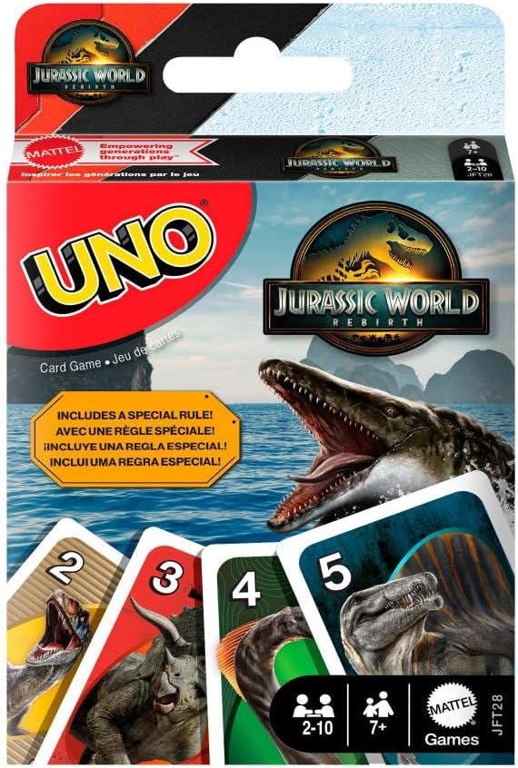 Mattel Games UNO Jurassic World El Renacer. Juego de cartas para niños y niñas, familias y noches de juegos de adultos, baraja con reglas especiales e imágenes inspiradas en la película, JFT28