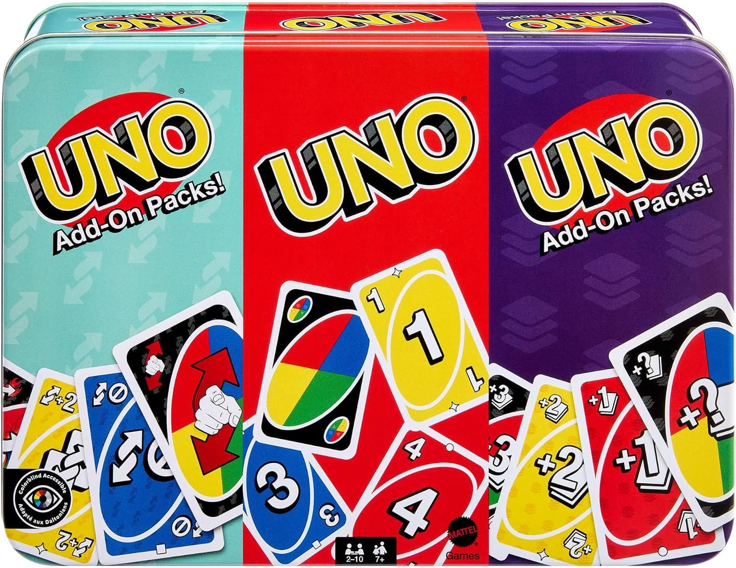 Mattel Games UNO Juego de Cartas con 2 Packs Extra y Caja metálica