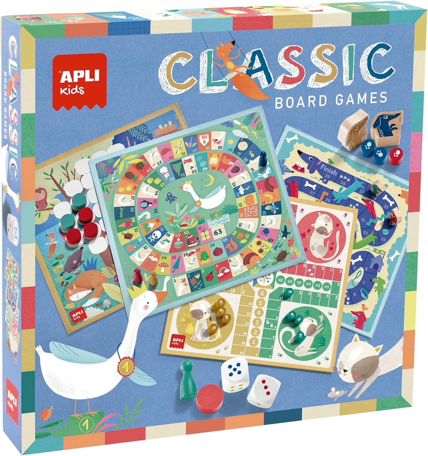 APLI Kids 19147 - Juegos reunidos 4 en 1, set de 4 juegos clásicos de mesa ilustrados: oca, parchís,escaleras y 4 en raya.