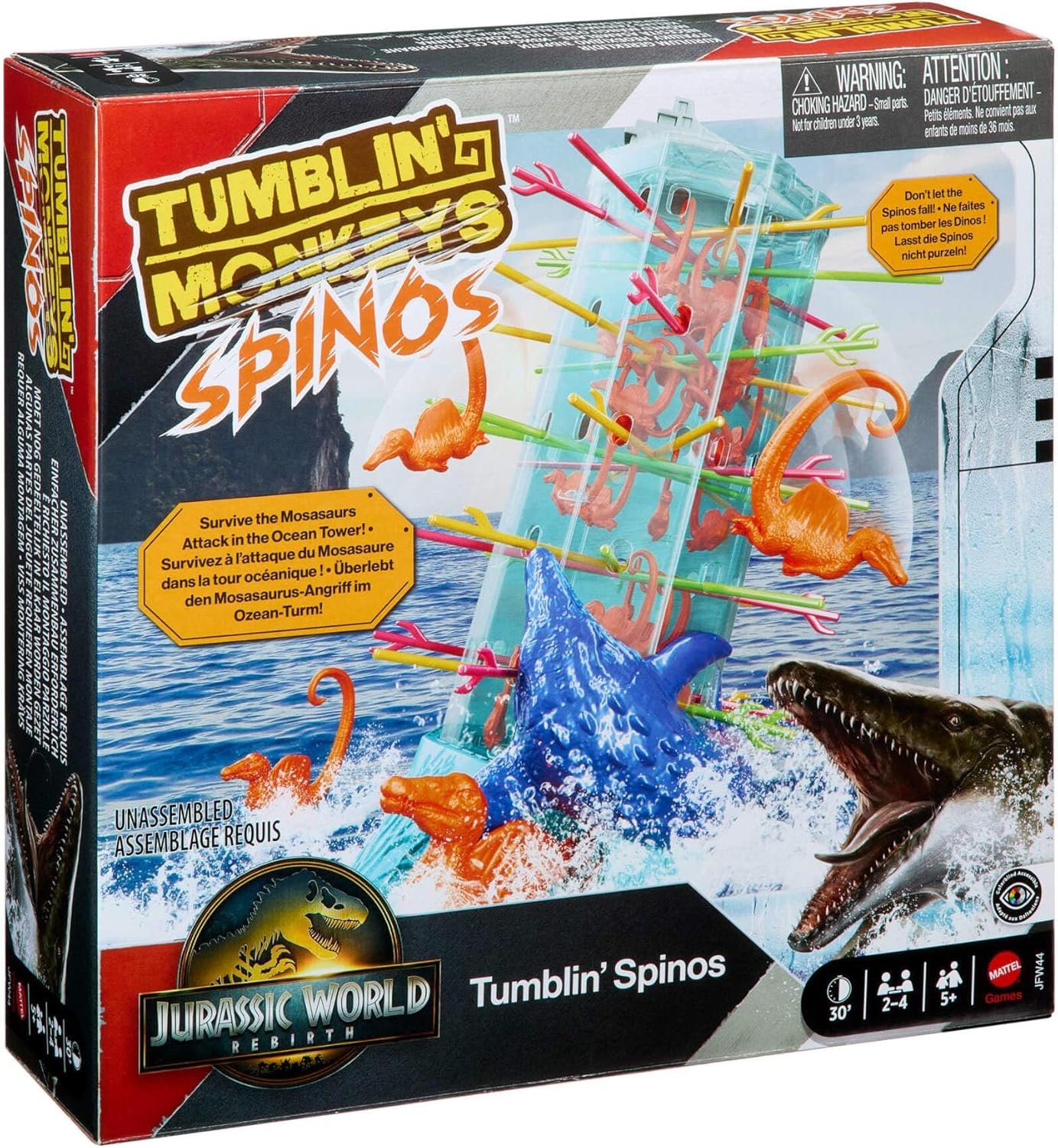 Mattel Games Monos locos Jurassic World: El Renacer , Juego de mesa familiar con torre oceánica y figuras de espinosaurio inspiradas en la película., JFW44