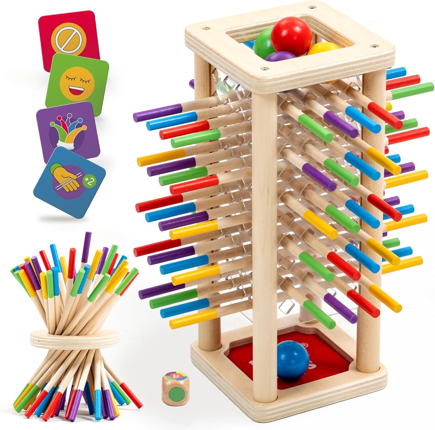 Nene Toys BALLFALL – Juego de Mesa Montessori para Niños 3 4 5 6 Años – Juguete Educativo de Madera con Palitos, Dado y Cartas – Regalo Didáctico 3-9 Años para Niñas y Niños – Motricidad Fina