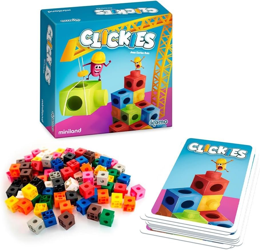 Miniland Juego de Mesa Educativo para Niños +6 Años, Desafíos con Cartas y Policubos, Creatividad, Velocidad y Diversión en Familia | Clickies