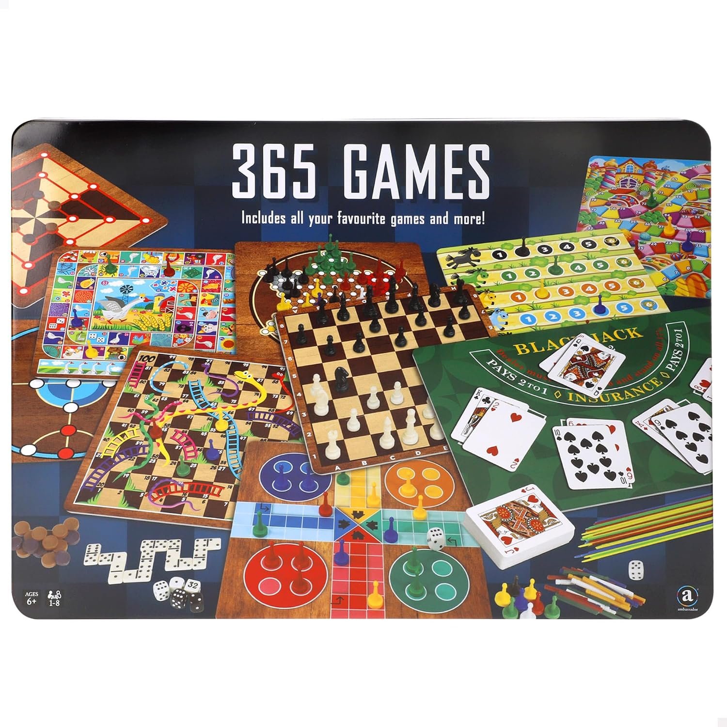 COLORBABY CB Games Pack 365 Juegos de Mesa, Caja metálica, 10 tableros multijuego, Fichas, 7 Dados, Juego de la oca, Backgammon, 1 a 8 Jugadores, Juguete Educativo, Juguetes +6 años (39521)