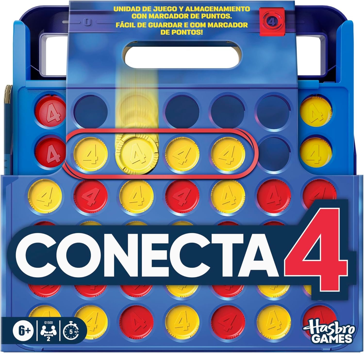 Juegos de Hasbro Oficiales, Juego Conecta 4, Estuche Todo en uno, Marcador de Puntos, Juegos para niños, 6+ - Versión español-portugués