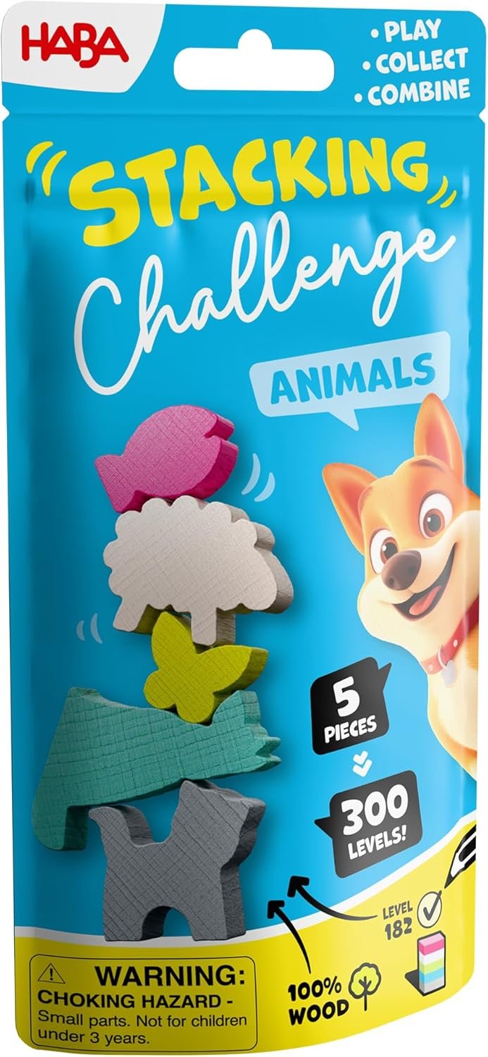 HABA 2013867001 - Stacking Challenge Animals, Juego Infantil con retos de apilar, Solitario, de Viaje. Más 6 años