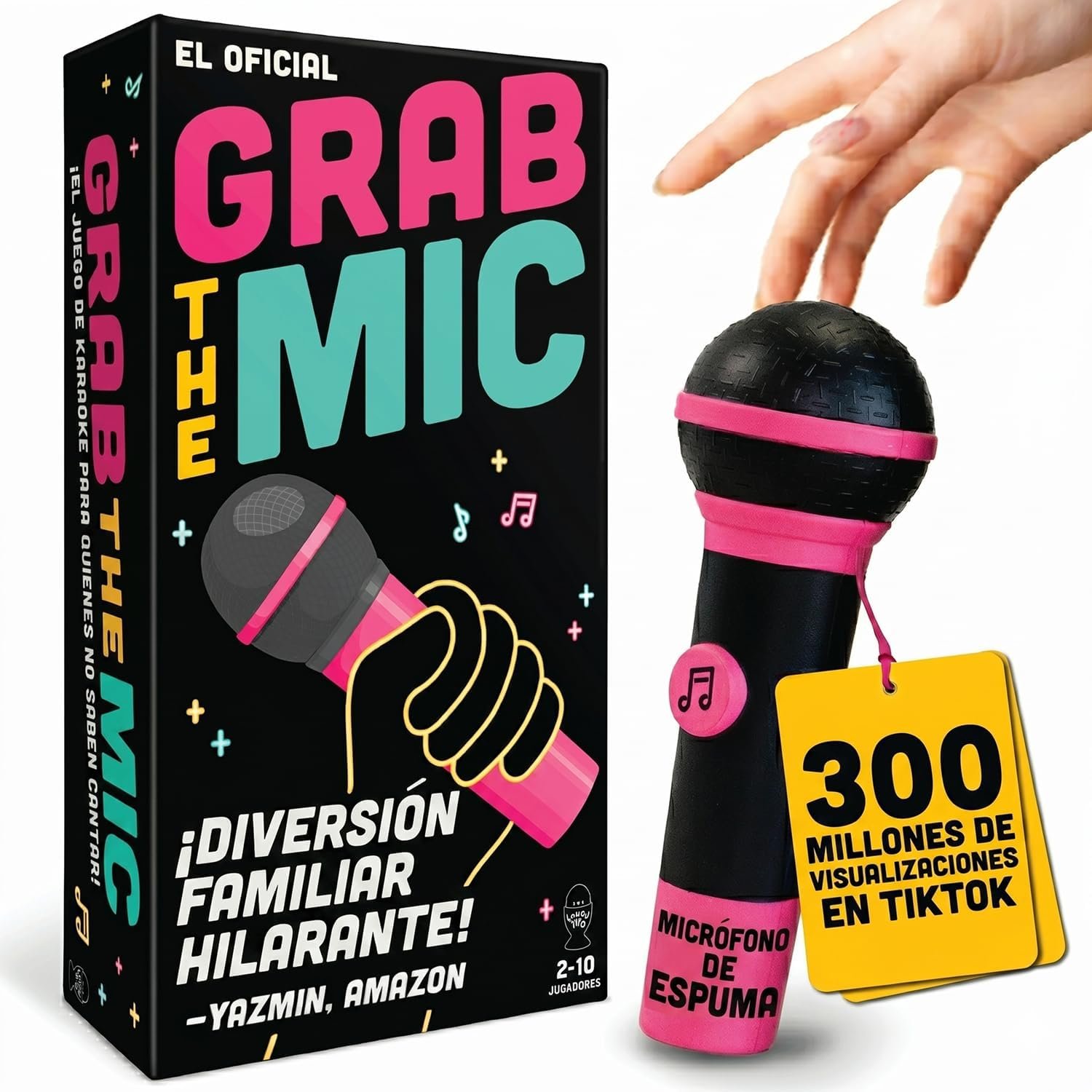 Grab The Mic (First Edition) – Juego De Mesa De Karaoke Familiar para Malos Cantantes - Divertido Juego De Fiesta con Micrófono De Espuma, 240 Letras, 120 Cartas - 2-10 Jugadores - +8 Años
